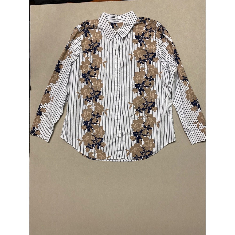 Chicos Women Size 2 Large Button Down Shirt Floral Pinstripe Long Sleeve White